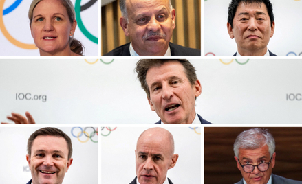 Kandydaci na szefa MKOl. Górny rząd: Kirsty Coventry, książę Faisal al-Hussein, Morinari Watanabe. Ś