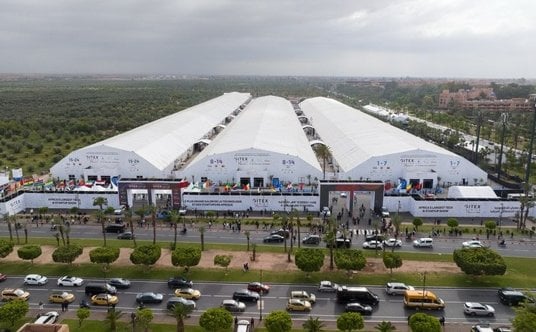Targi GITEX Africa 2026 w Marrakeszu w Maroku - widok hal wystawienniczych z powietrza.