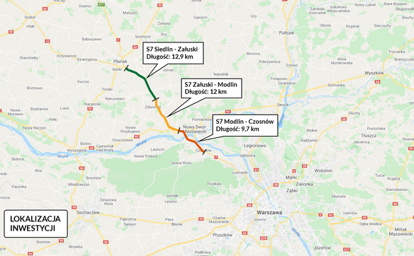 Przebieg trasy S7 na odcinku Płońsk - Czosnów