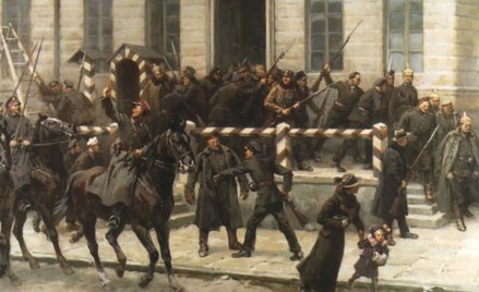 „Rozbrajanie Niemców przed Główną Komendą na placu Saskim w Warszawie 11 listopada 1918 roku”. Obraz