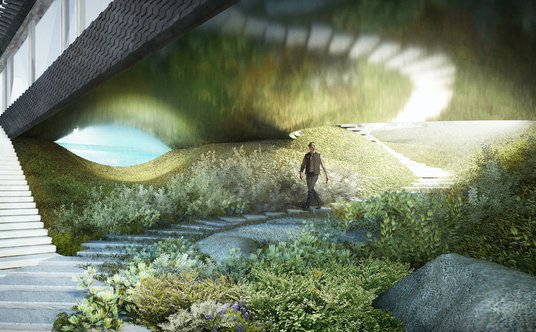 Widok groty i „świetlika” doświetlającego przestrzeni pod budynkiem.