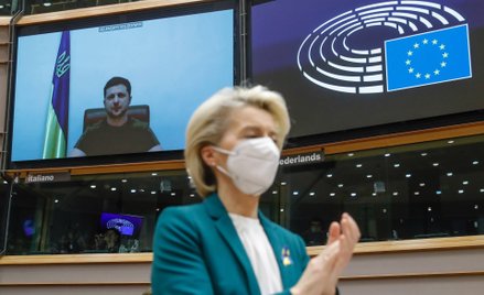 Wołodymyr Zełenski w czasie wystąpienia na forum PE