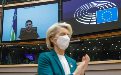 Wołodymyr Zełenski w czasie wystąpienia na forum PE