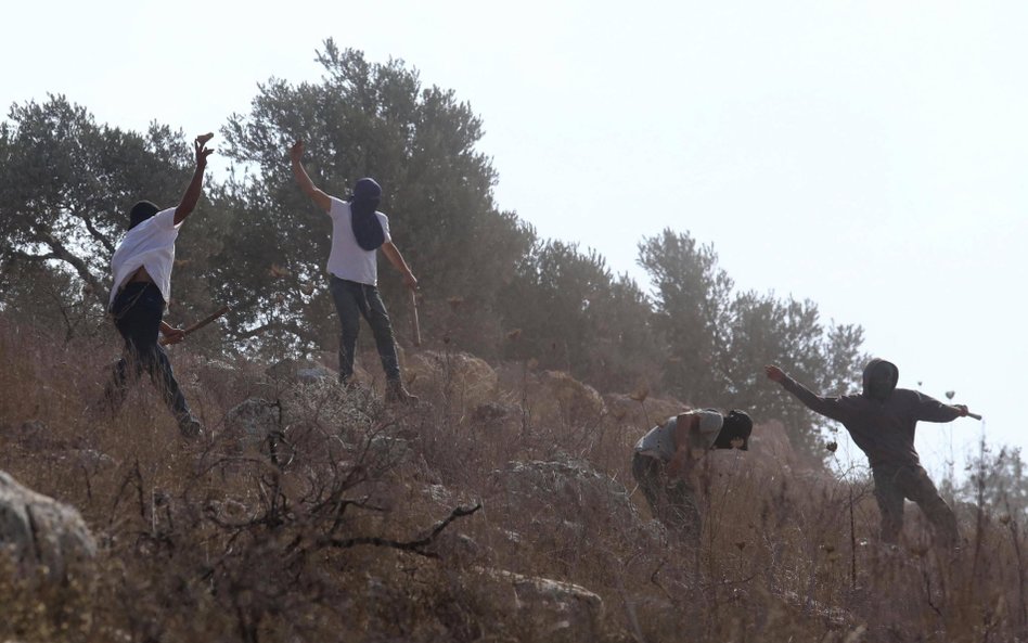 Nielegalni osadnicy, zakrywający twarze maskami, atakują kijami i kamieniami palestyńskich rolników,