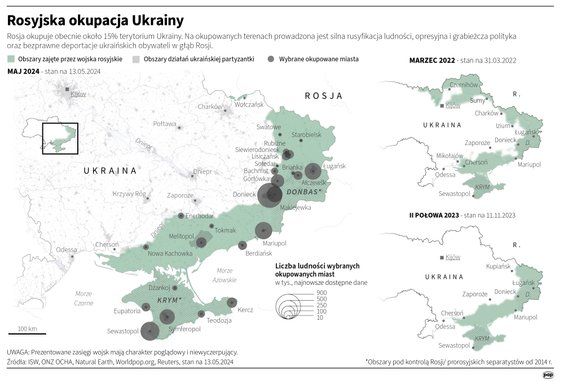 Część Ukrainy okupowana obecnie przez Rosję - stan na 13 maja 2024
