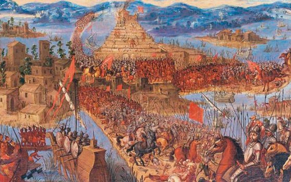 „Zdobycie Tenochtitlán przez wojska Cortésa” – hiszpański obraz olejny na desce z XVII w., autor nie