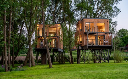 Domki w koronach drzew na terenie przypałacowym.