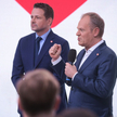 Donald Tusk i Rafał Trzaskowski. Wieczór wyborczy po I turze wyborów samorządowych, 7 kwietnia
