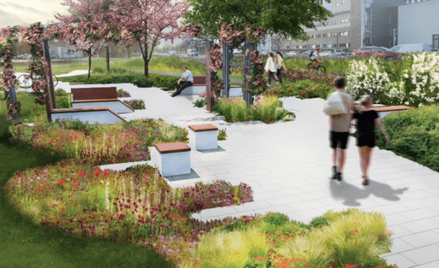 Projekt przewiduje montaż tradycyjnych ławek oraz ławek-huśtawek, a także dodatkowych siedzisk i per