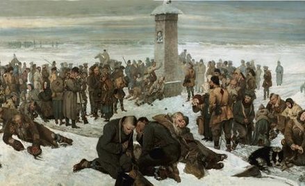 „Pożegnanie z Europą” Aleksandra Sochaczewskiego. Nieodwołalność katorgi. Poniżej: żeliwna tablica z