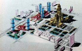 Wizja zachodniego centrum Warszawy przedstawione w tygodniuku „Stolica” w roku 1973. Część tych pomy