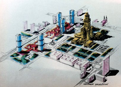 Wizja zachodniego centrum Warszawy przedstawione w tygodniuku „Stolica” w roku 1973. Część tych pomy