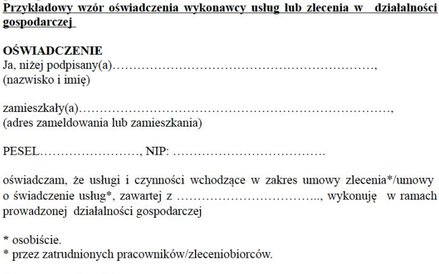 Wzór 1 oświadczenia wykonawcy usług lub zlecenia w działalności gospodarczej