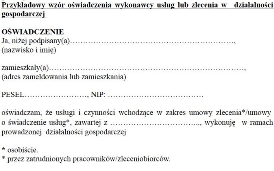 Wzór 1 oświadczenia wykonawcy usług lub zlecenia w działalności gospodarczej