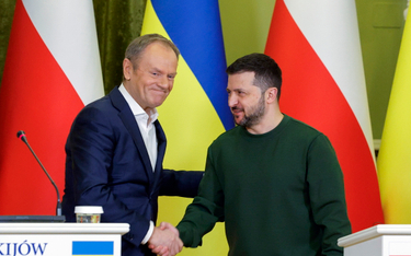 Prezydent Ukrainy Wołodymyr Zełenski i premier Polski Donald Tusk po spotkaniu w Kijowie