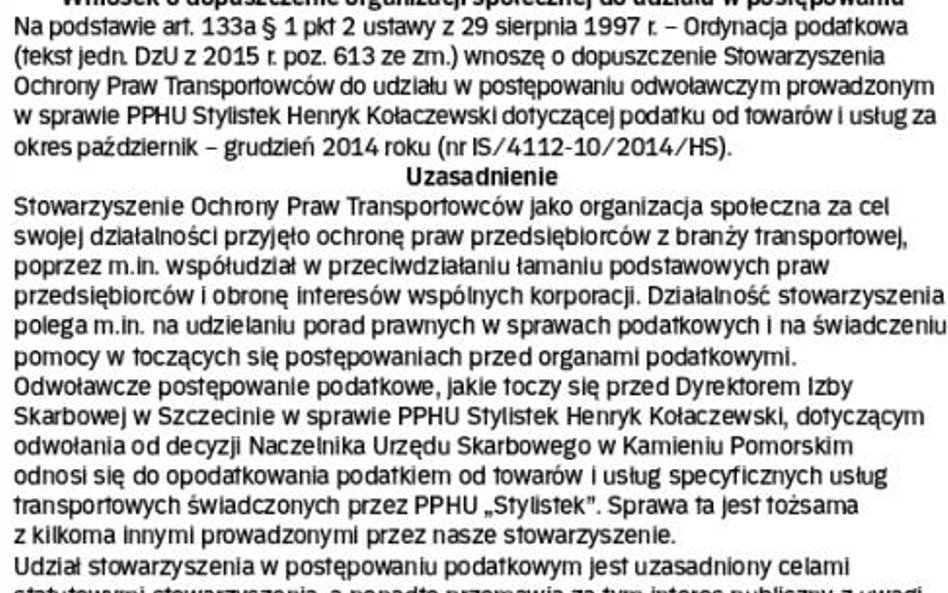 WZÓR wniosku o dopuszczenie organizacji społecznej do udziału w postępowaniu odwoławczym