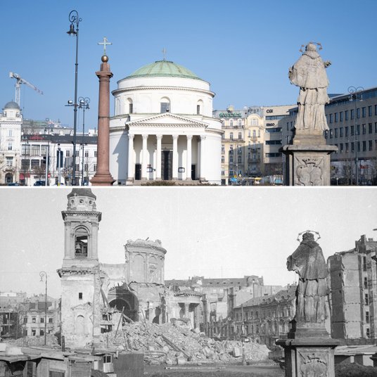 Plac Trzech Krzyży – zniszczone miejsca podniesione z gruzów