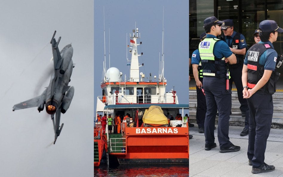 Na zdjęciach: F-16 Sił Powietrznych RP, statki indonezyjskich służb ratowniczych, policjanci w Seulu