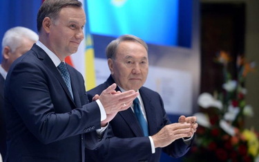 Prezydenci Andrzej Duda i Nursułtan Nazrabajew podczas Kazachstańsko-Polskiego Forum Gospodarczego w