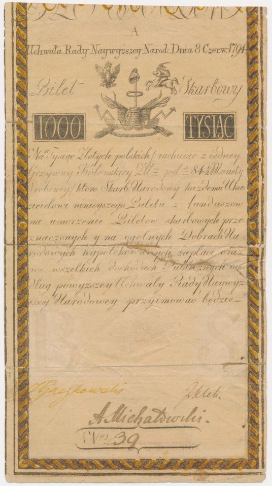 Banknot z 1794 roku o nominale 1000 złotych ma cenę wywoławczą 100 tys. zł