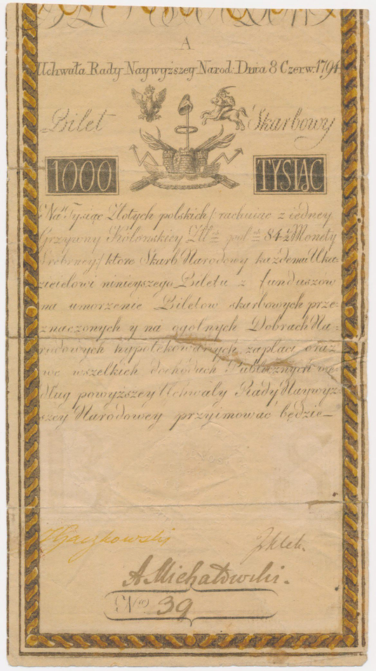 Banknot z 1794 roku o nominale 1000 złotych ma cenę wywoławczą 100 tys. zł