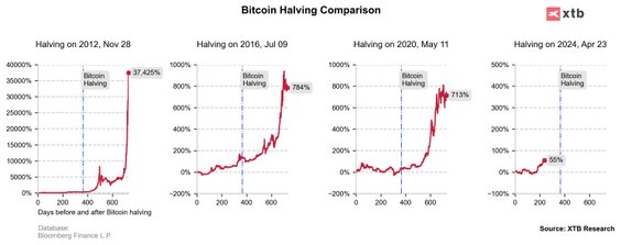 Po poprzednich halvingach, które mają miejsce średnio co około 4 lata, dynamika wzrostu Bitcoina prz