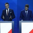 Szymon Hołownia i Rafał Trzaskowski podczas debaty w TVP