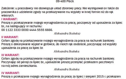 Przykład wniosków pracownika co do sposobu przekazywania pensji