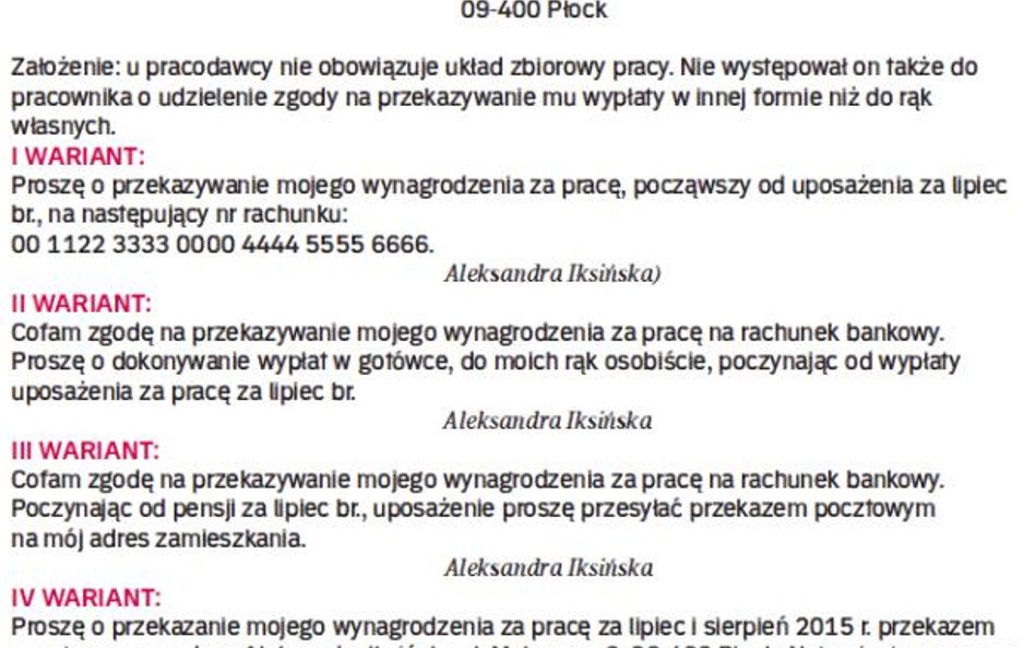 Przykład wniosków pracownika co do sposobu przekazywania pensji
