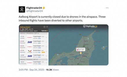 Informacja o zamknięciu lotniska w Aalborgu podana przez FlightRadar24