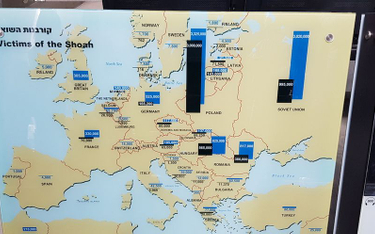 Mapa przedstawiająca liczbę ofiar Holokaustu w poszczególnych państwach Europy na wystawie w muzeum 