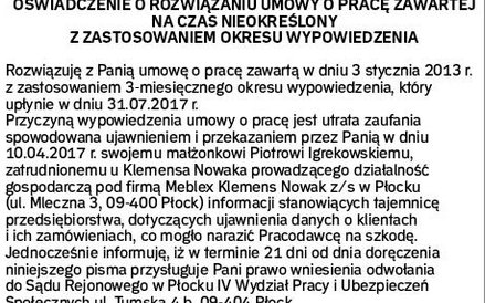 Wzór wypowiedzenia bezterminowej umowy z powodu utraty zaufania spowodowanego podjęciem przez współm
