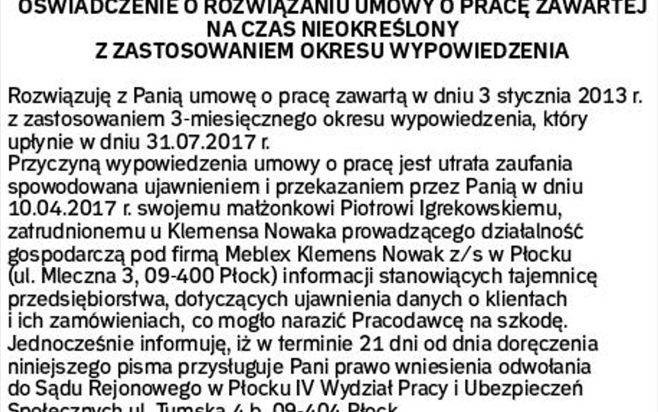 Wzór wypowiedzenia bezterminowej umowy z powodu utraty zaufania spowodowanego podjęciem przez współm