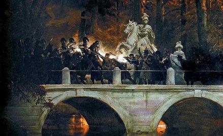 Wojciech Kossak, „Starcie belwederczyków z kirasjerami rosyjskimi na moście w Łazienkach 29 listopad