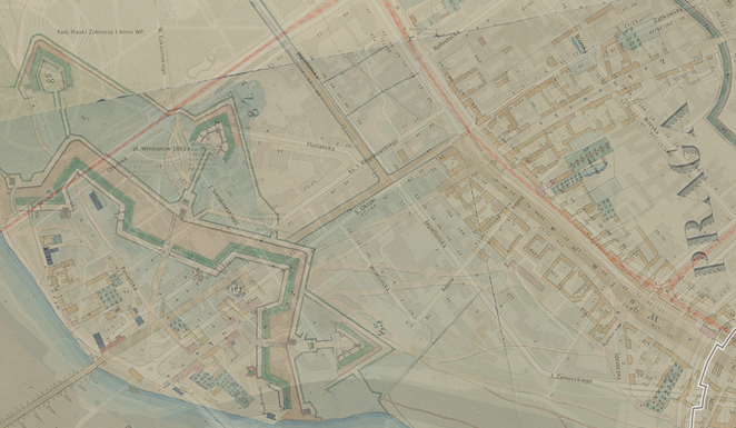 Plan stołecznych fortyfikacji z 1831 roku, nałożony na współczesną siatkę ulic. Na mapie widoczny je