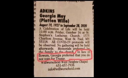 Nekrolog w USA: Zamiast przynosić kwiaty, nie głosujcie na Trumpa