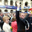Politycy PO na wiecu wyborczym w 2005 r. Od lewej: Jan Rokita, Zyta Gilowska i Donald Tusk.