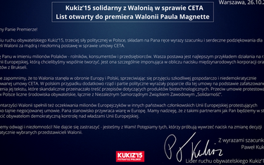 Paweł Kukiz dziękuje premierowi Walonii za zachowanie ws. CETA