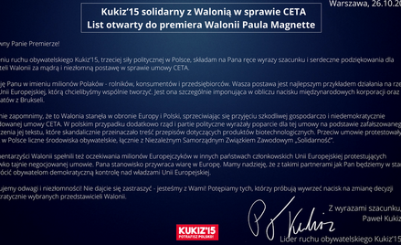 Paweł Kukiz dziękuje premierowi Walonii za zachowanie ws. CETA