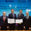 Od lewej: reprezentujący GPW Jacek Fotek (wiceprezes) oraz Jarosław Grzywiński (p.o. prezesa), a tak