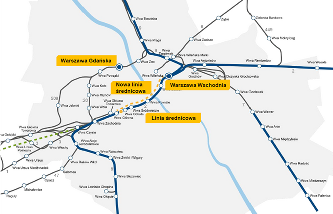 Planowany układ tras kolejowych w obrębie Warszawy