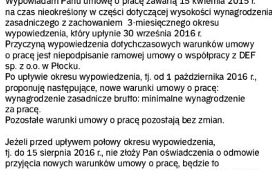 Przykład wypowiedzenia warunków umowy o pracę