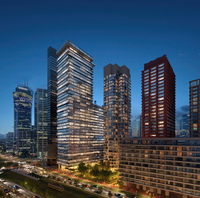 AFI Tower (w środku kadru) będzie symboliczną dominantą dla całego kompleksu Towarowa 22