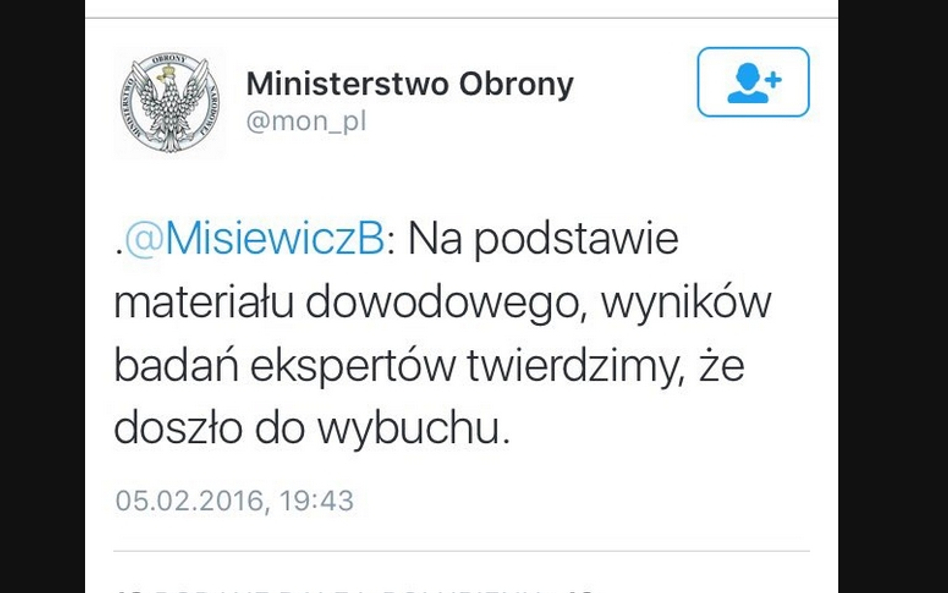 MON pisze na Twitterze o dowodach wskazujących na wybuch