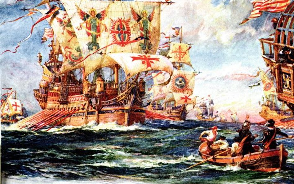 Hiszpańska Armada płynie do Anglii, rys. Bernard Finnegan Gribble, XIX w.