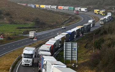 Kolejka ciężarówek do portu w Dover w południowo-wschodniej Anglii, 16 lutego 2022 r.