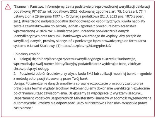 Przykład fałszywego maila o nadpłacie podatku PIT