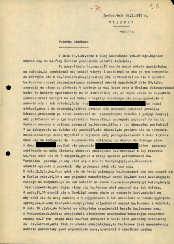 Notatka funkcjonariusza prowadzącego sprawę ks. Loranca z 14 marca 1970 r. po spotkaniu z proboszcze