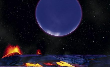 Tak artysta wyobraża sobie gazowego giganta na nocnym niebie skalistej planety Kepler-36b