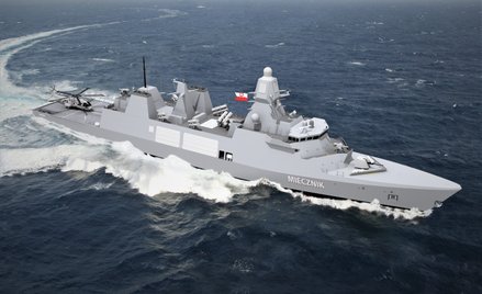 Wizualizacja fregaty z projektu Miecznik. Jeden z okrętów ma się nazywać ORP Huragan, tak jak niezre